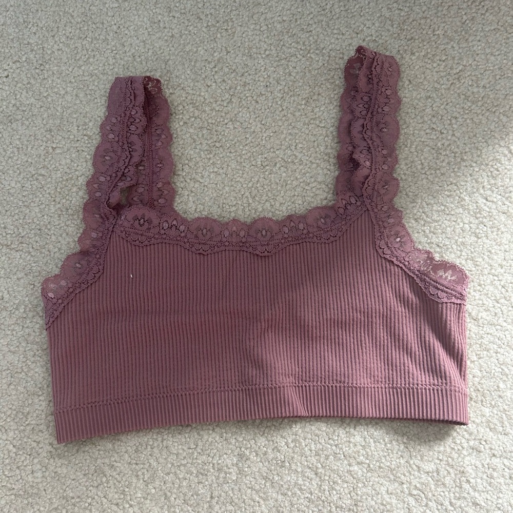 Lace Trim Ribbed Bralette - Purple
